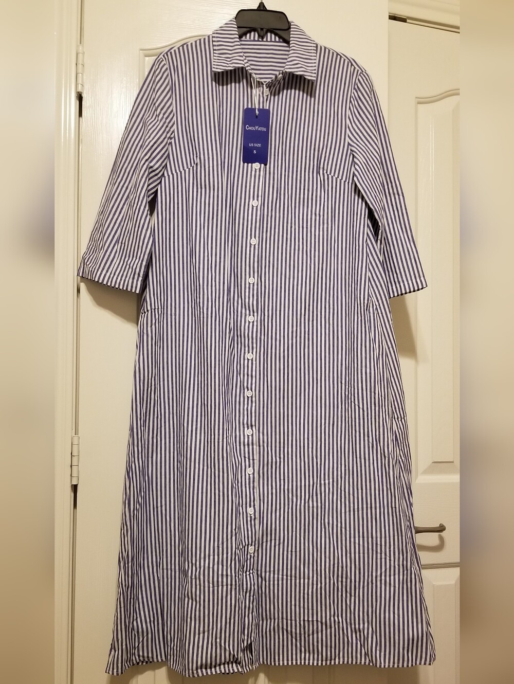chouyatou Women's Casual Long Sleeve Button Down Loose Striped Cotton Maxi Shirt